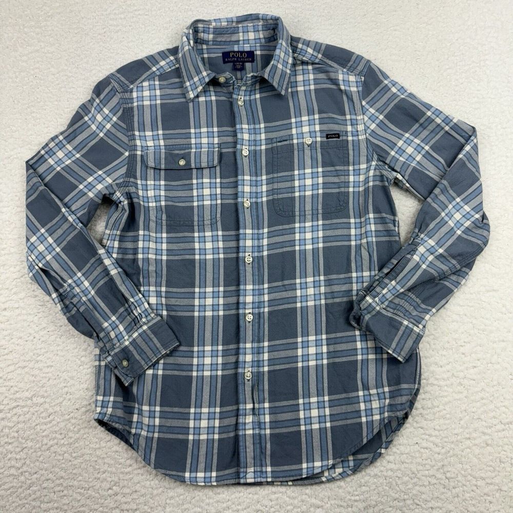 Polo Ralph Lauren Button Down Shirt Size L 14/16 Youth Plaid Blue Long Sleeve